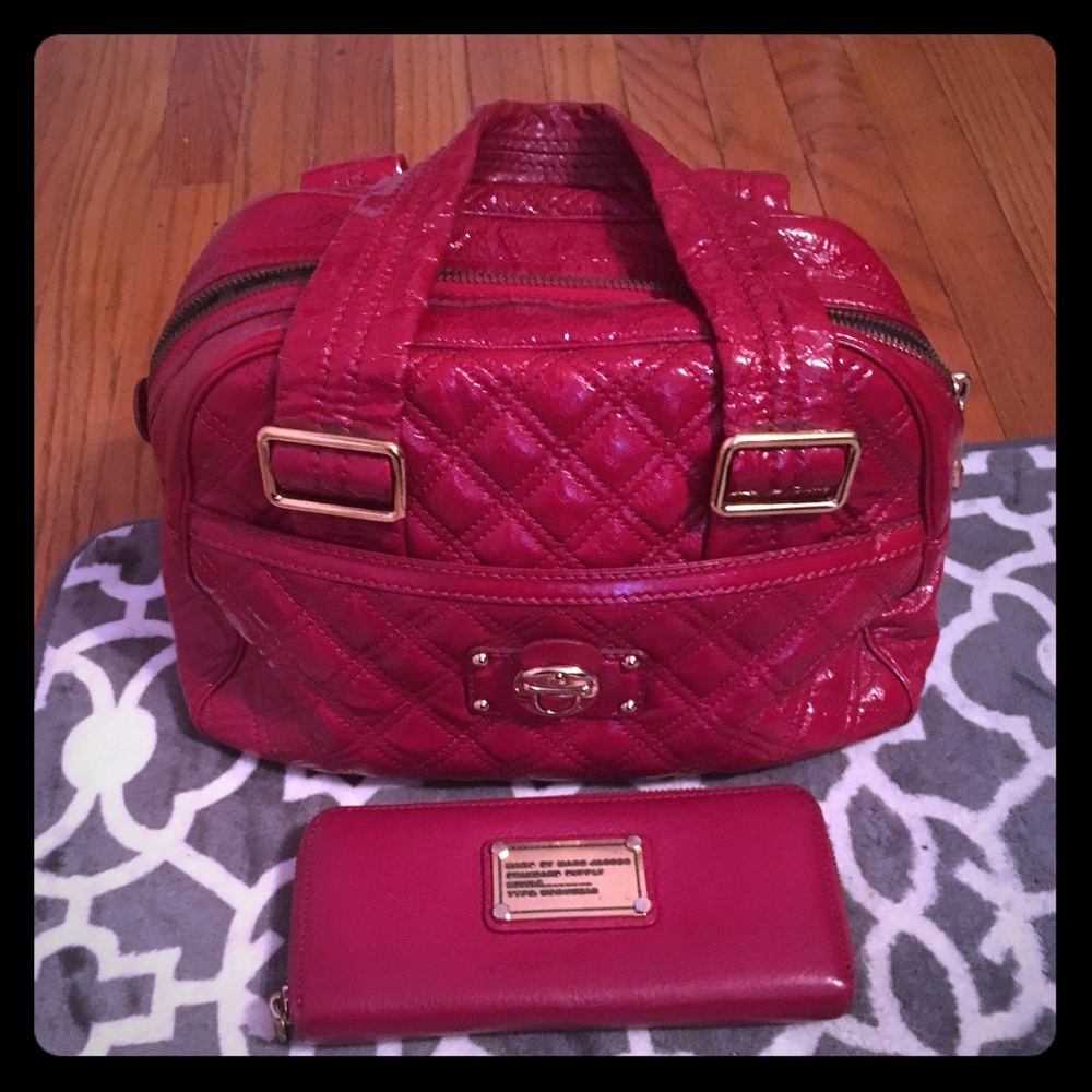 Marc Jacobs Quilted Patent Leather Tote Satchel in Red with Gold Hardware